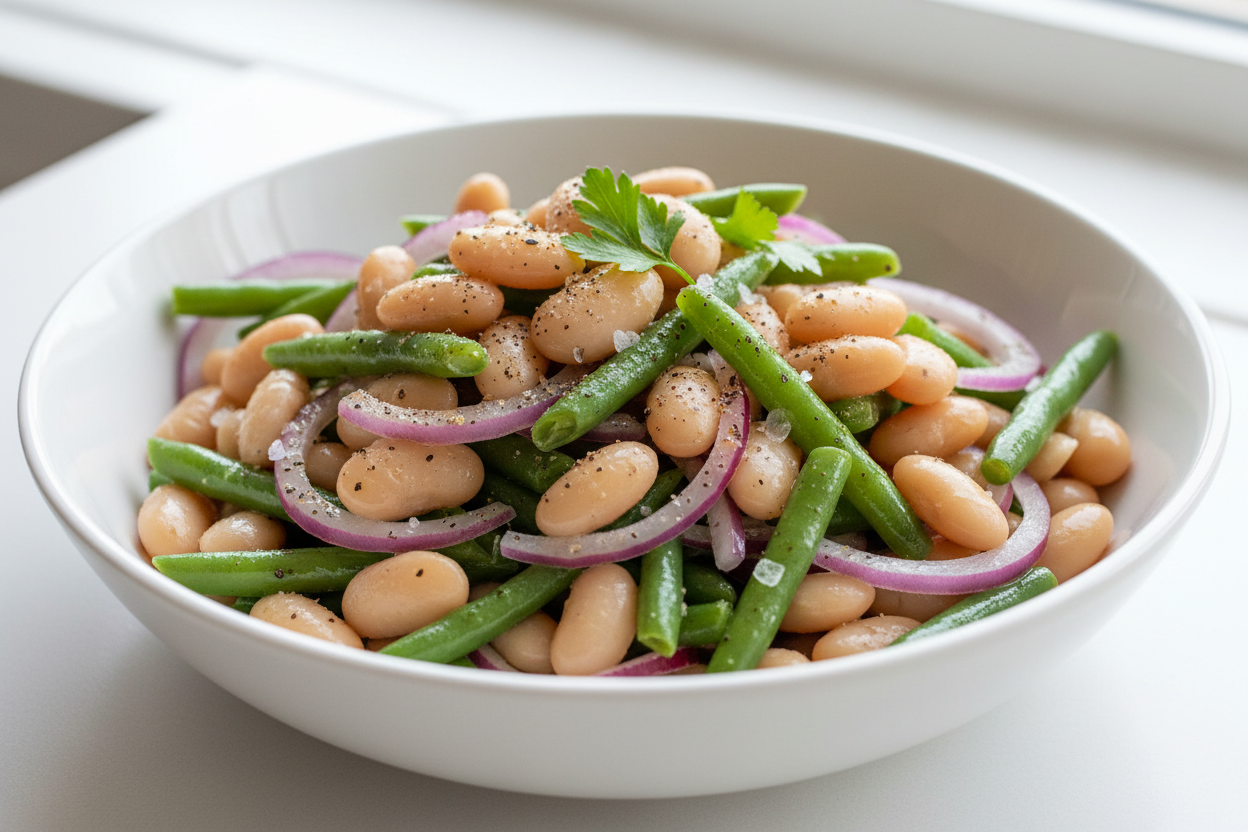 Bohnensalat Weiße oder grüne Bohnen, Zwiebeln, Essig-Öl-Dressing, Pfeffer, Salz.