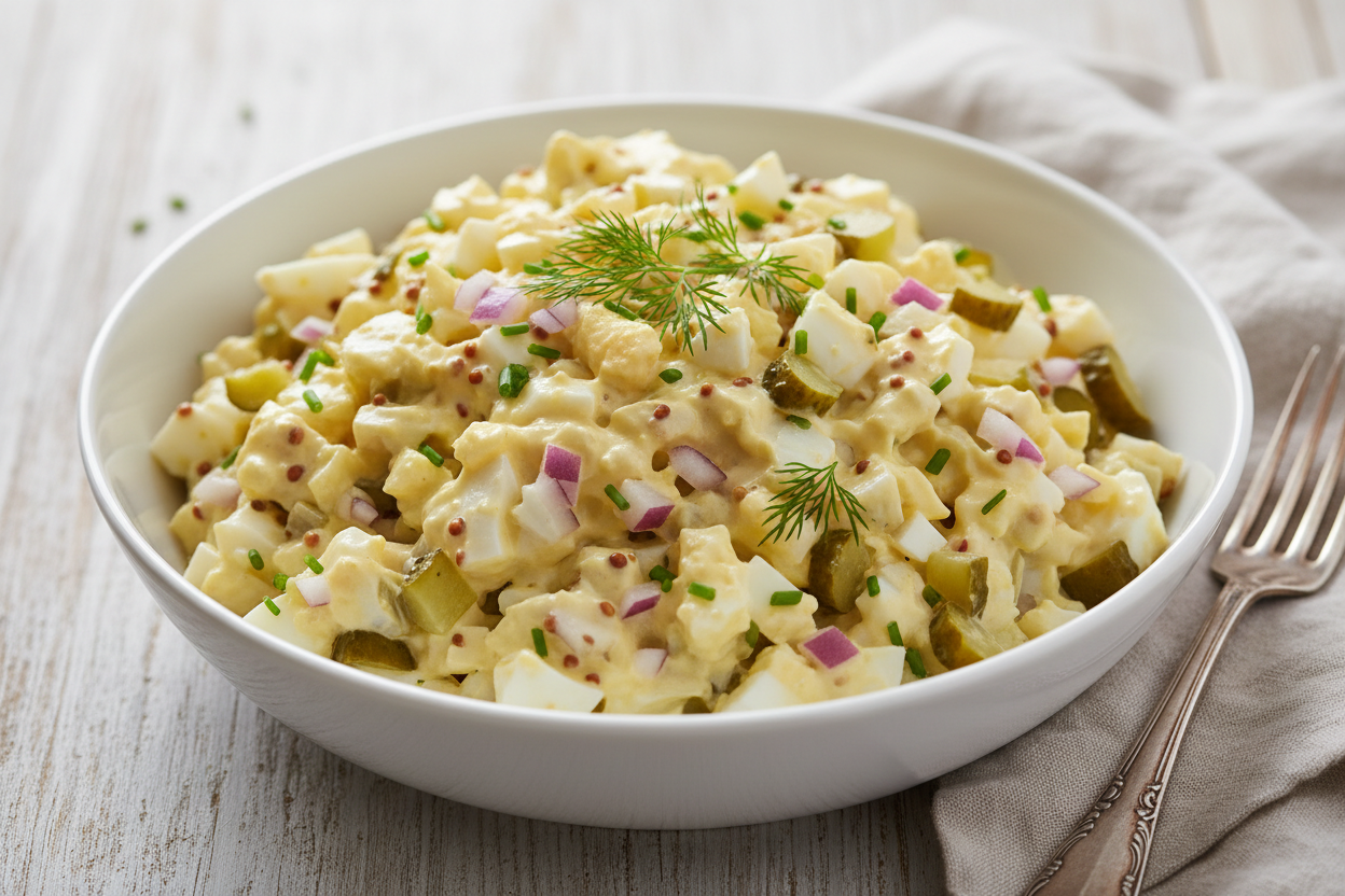Eiersalat &nbsp;Gekochte Eier, Zwiebeln, Gewürzgurken, Mayo-Joghurt-Mischung, Senf.
