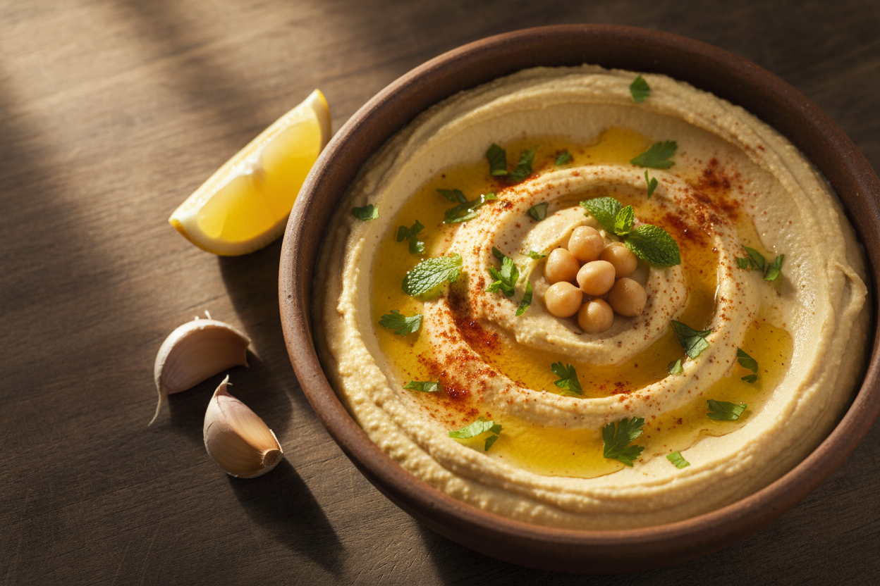 Hummus &nbsp;Pürierte Kichererbsencreme mit Sesam (Tahini), Knoblauch, Zitrone und Olivenöl.