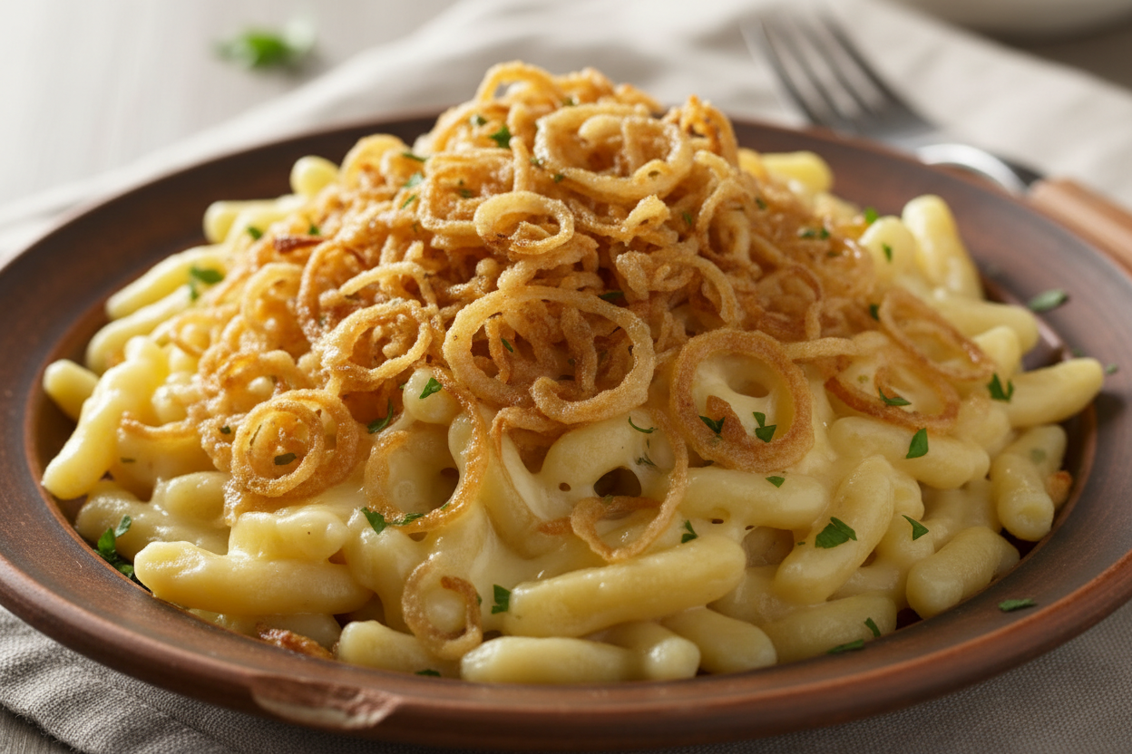 Käsespätzle Spätzle mit geschmolzenem Käse, Butter und Röstzwiebeln. Hauptbild