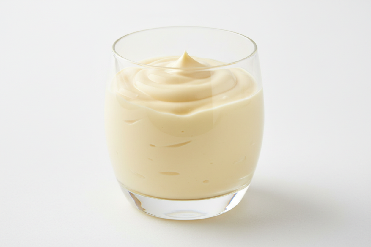 Mayonnaise Cremige Mayo auf Basis von Öl und Eigelb. in einem transparenden  becher