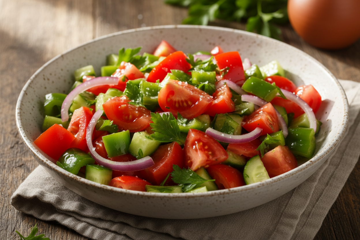 Çoban Salatası (Türkischer Bauernsalat) Tomaten, Gurken, Paprika, Zwiebeln, Petersilie, Olivenöl, Zitrone, Salz.