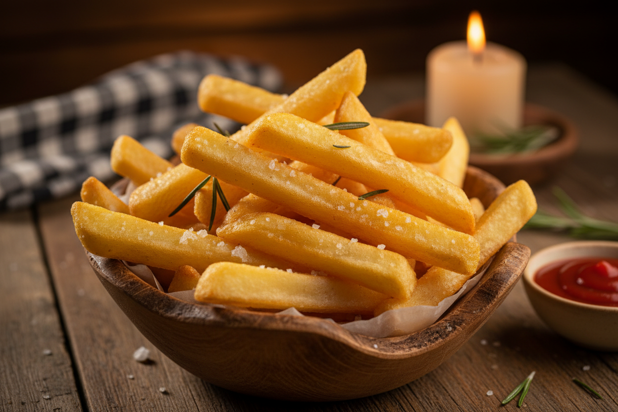 Pommes&nbsp;

Knusprig frittierte Kartoffelstäbchen, leicht gesalzen.