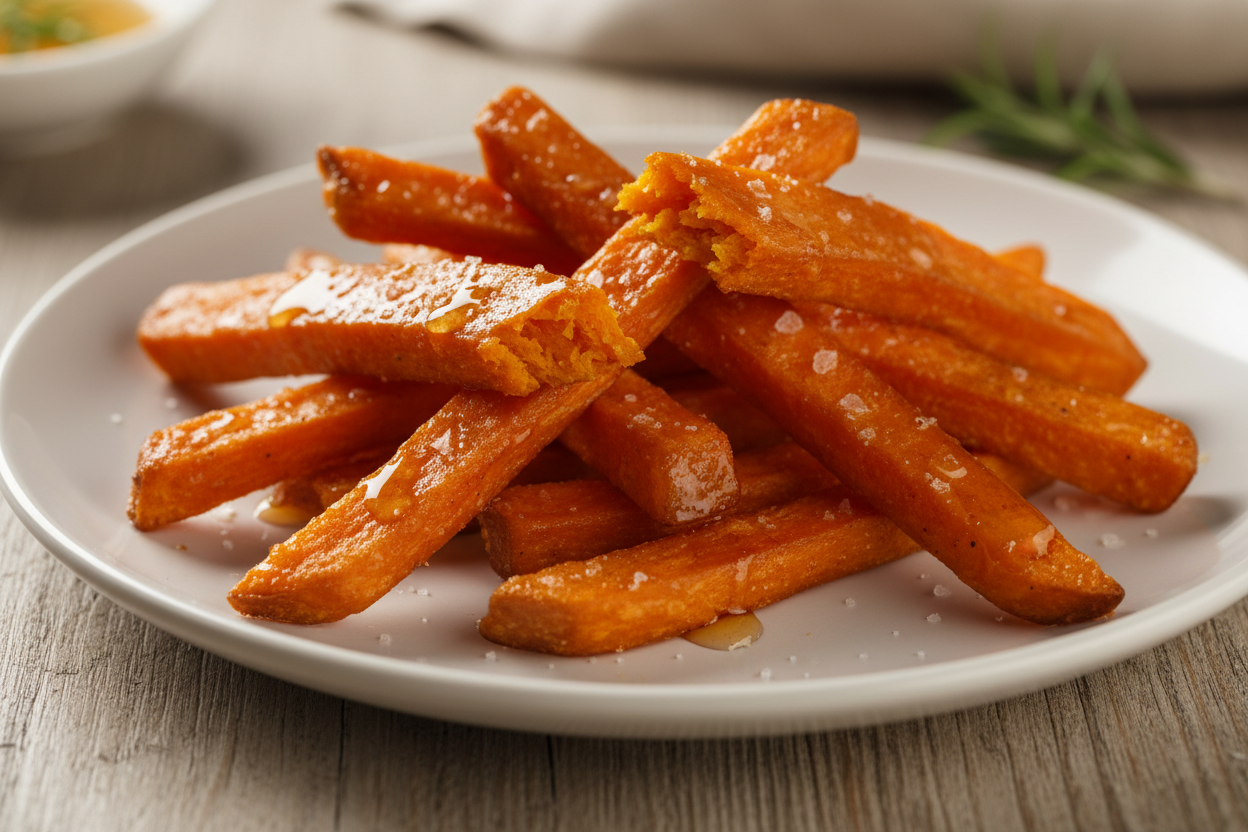Süßkartoffelpommes Knusprig gebackene Süßkartoffelstäbchen, leicht karamellisiert.