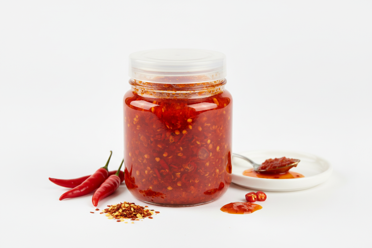 Scharfe Soße Pikante Chili-Soße mit würziger Schärfe. beilaga bescher mit transparente deckel
