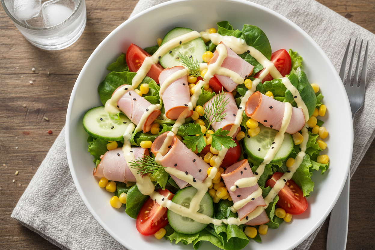 Schinkensalat (mit Truthahnschinken &nbsp;

Gemischter Salat, Truthahnschinken, Mais, Gurke, Tomate, Dressing nach Wahl.